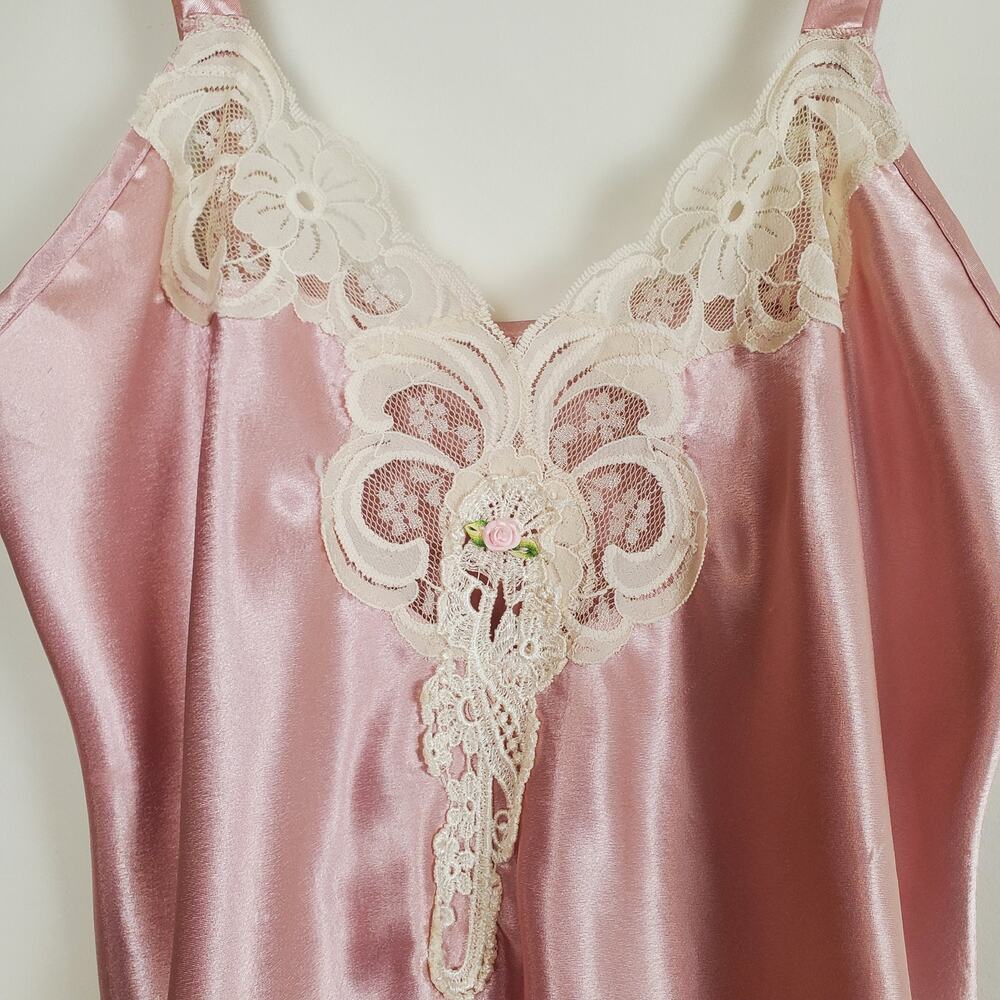 Vintage Rosette Satin Lace Slip Lingerie Dress Pink Cream Small - Picture 7 of 9
